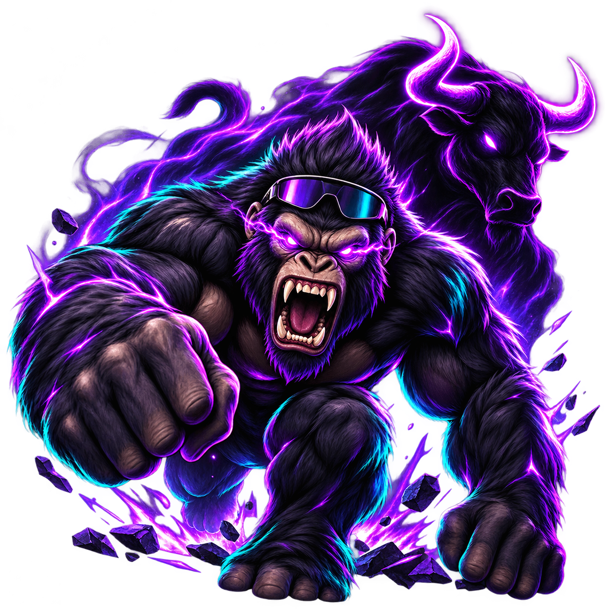 ApeMode — aggressive black ape in purple neon energy